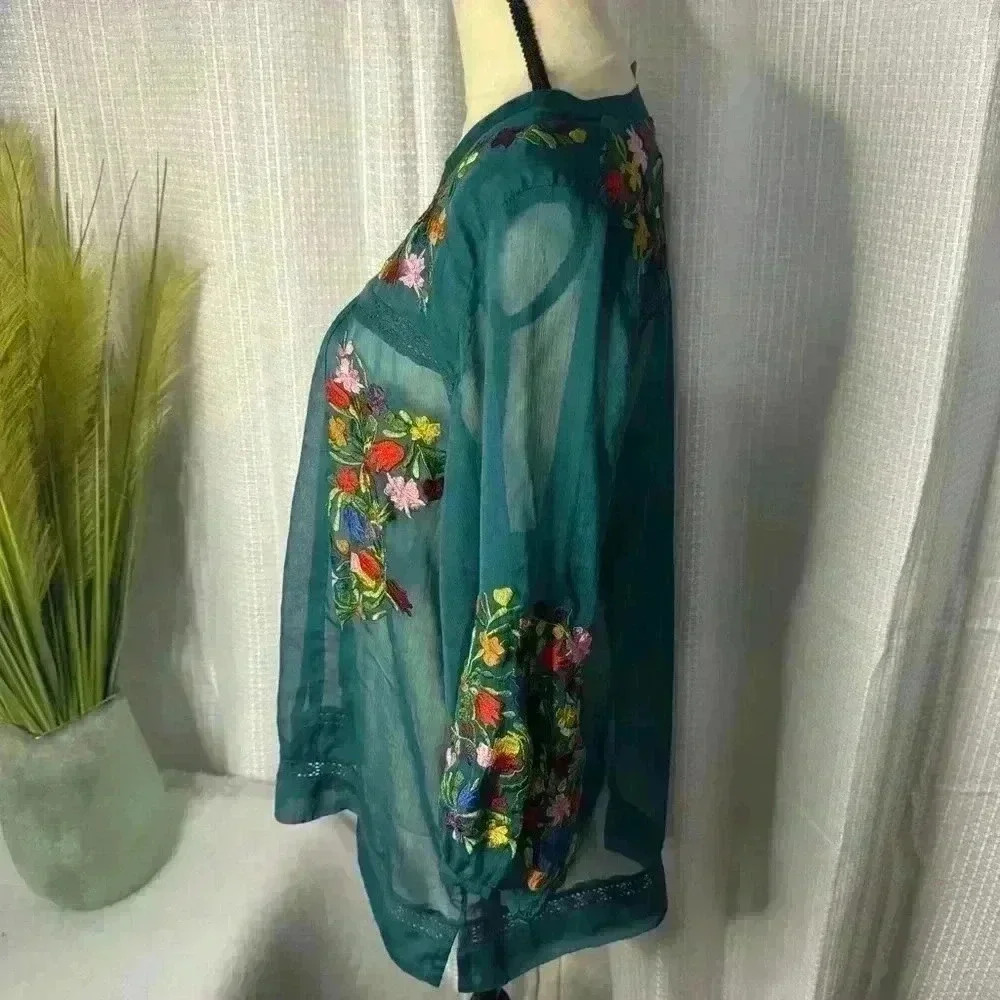Anu Gorgeous Women’s Turquoise L/S Rayon Chiffon Embroidered Sheer Large Top - Picture 6 of 14